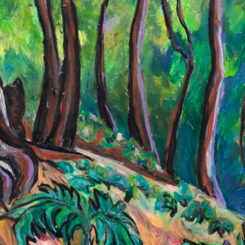 Colorful painting of a forest scene with abstract trees and plants.